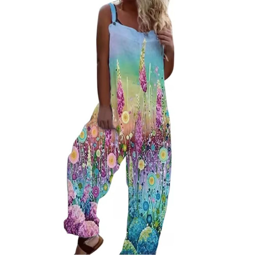 Fashion Jumpsuit Overalls Floral Pastel Lightweight Fun Artsy Faux Pearl Button - Picture 2 of 11